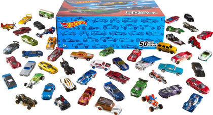 Hot Wheels 50-pack box display of 1:64 scale cars for collection.