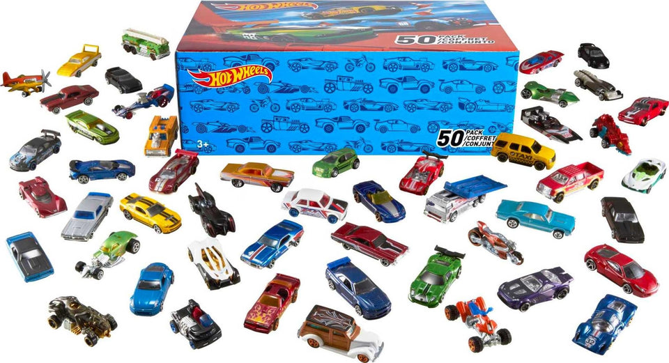 Hot Wheels 50-pack box display of 1:64 scale cars for collection.