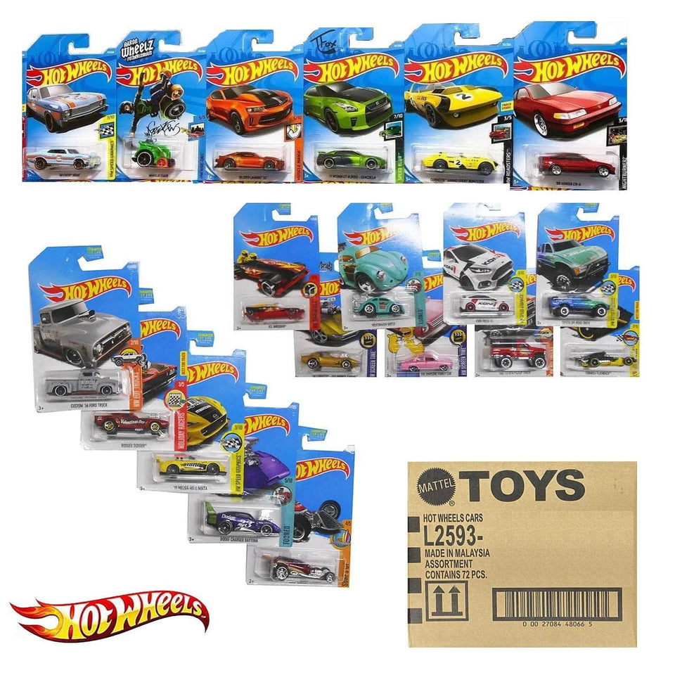 Hot Wheels 72-count random case die-cast cars, great for kids' play and collector excitement.