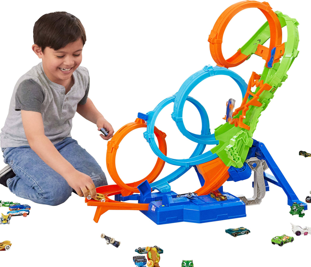 Hot Wheels Action 4-Loop Crash Out track set features four loops for high-speed fun.