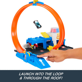 Hot Wheels adjustable loop track shown in action with four outcomes.