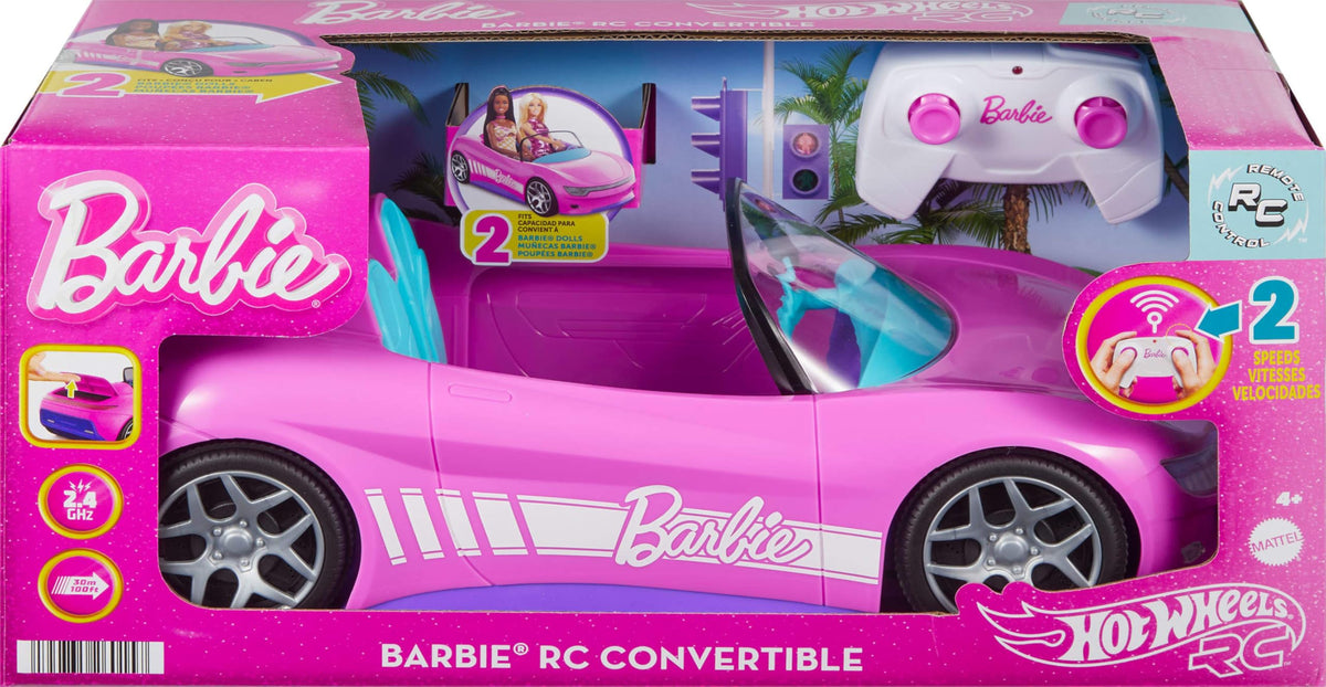 Hot Wheels Barbie RC Convertible packaging and accessories visual.