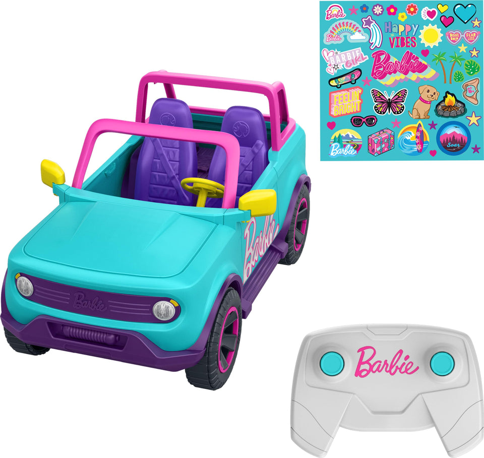 Hot Wheels Barbie RC SUV front seat with two dolls for shared playtime.