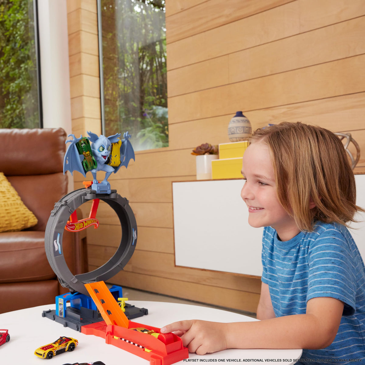 Hot Wheels Bat Loop Attack launcher propels a car through the loop for fast, thrilling play.