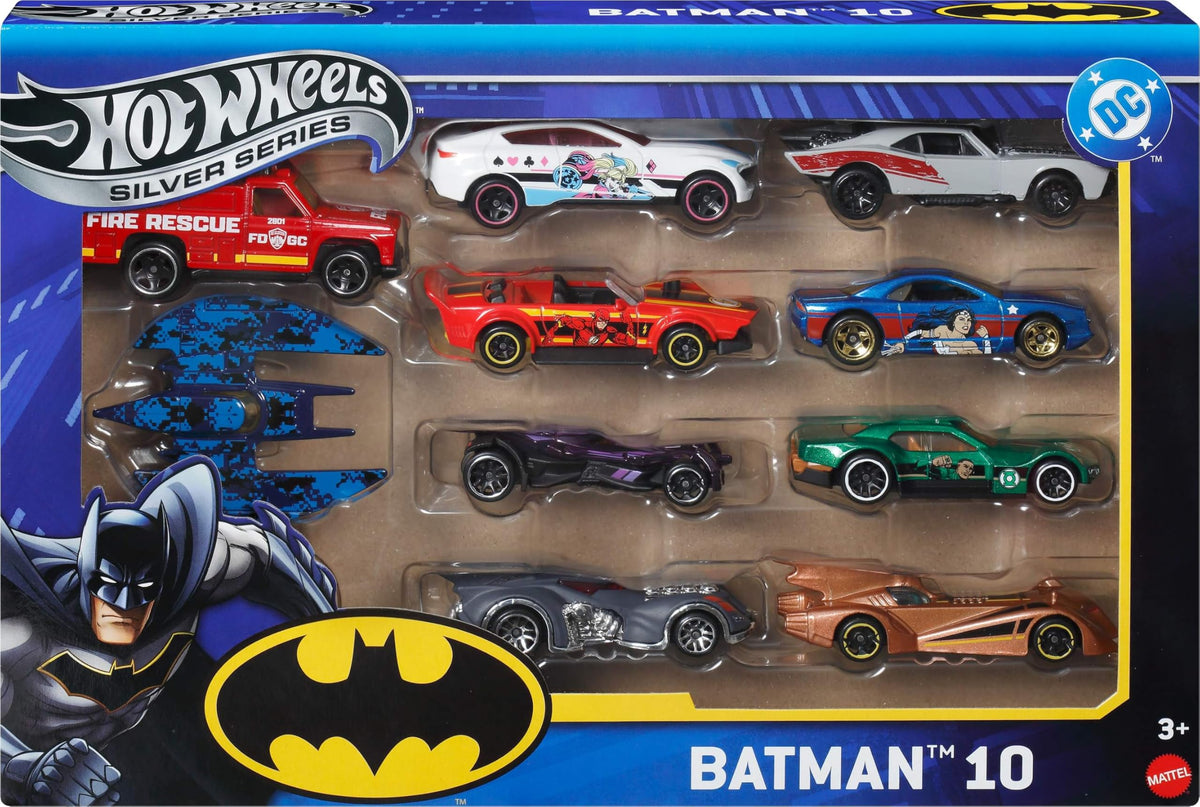 Hot Wheels Batman 10-Pack cover image — collectible 1:64 scale vehicles for play or display.