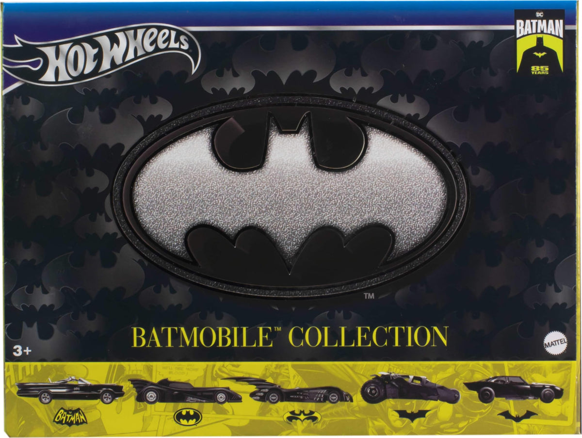 Hot Wheels Batman 85th Anniversary packaging close-up signals commemorative display appeal.