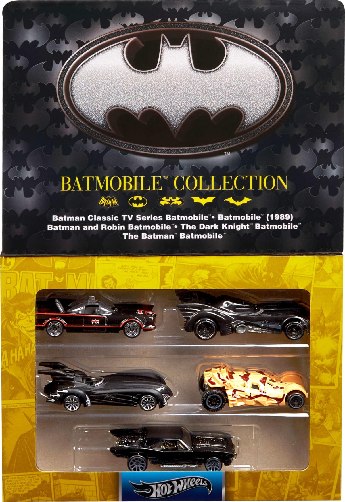 Hot Wheels Batman 85th TV Series Batmobile close-up showcases retro deco, perfect for display collectors.