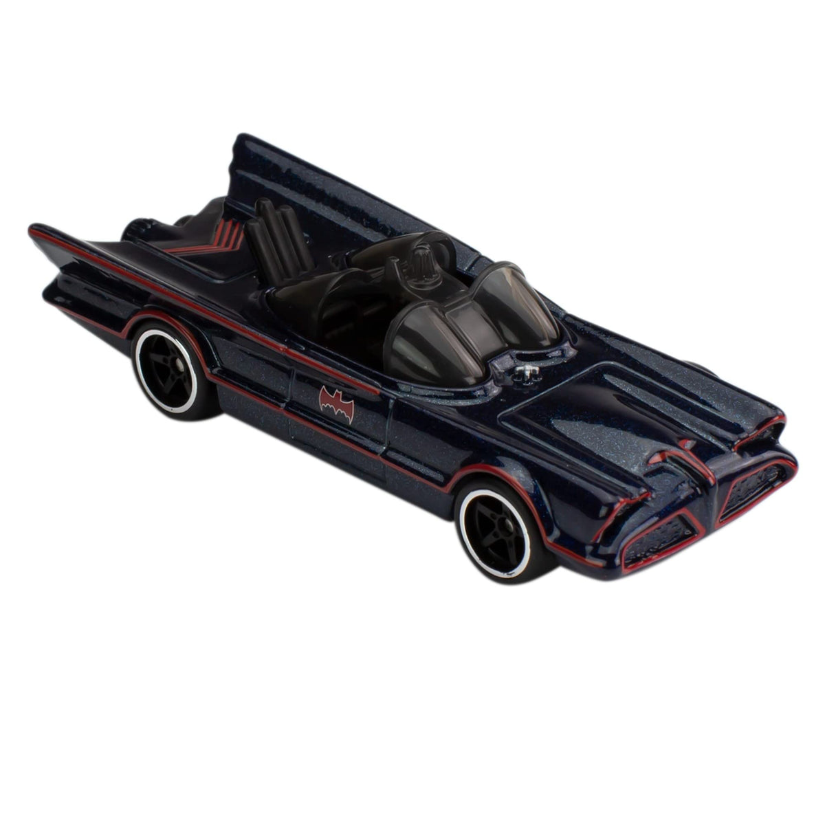 Hot Wheels Batman Batmobile side view shows sleek lines.