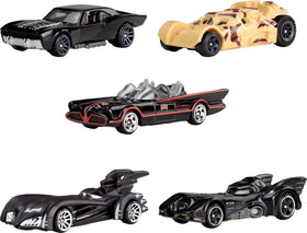 Hot Wheels Batman Forever Batmobile angle highlights glossy paint for shelf display.