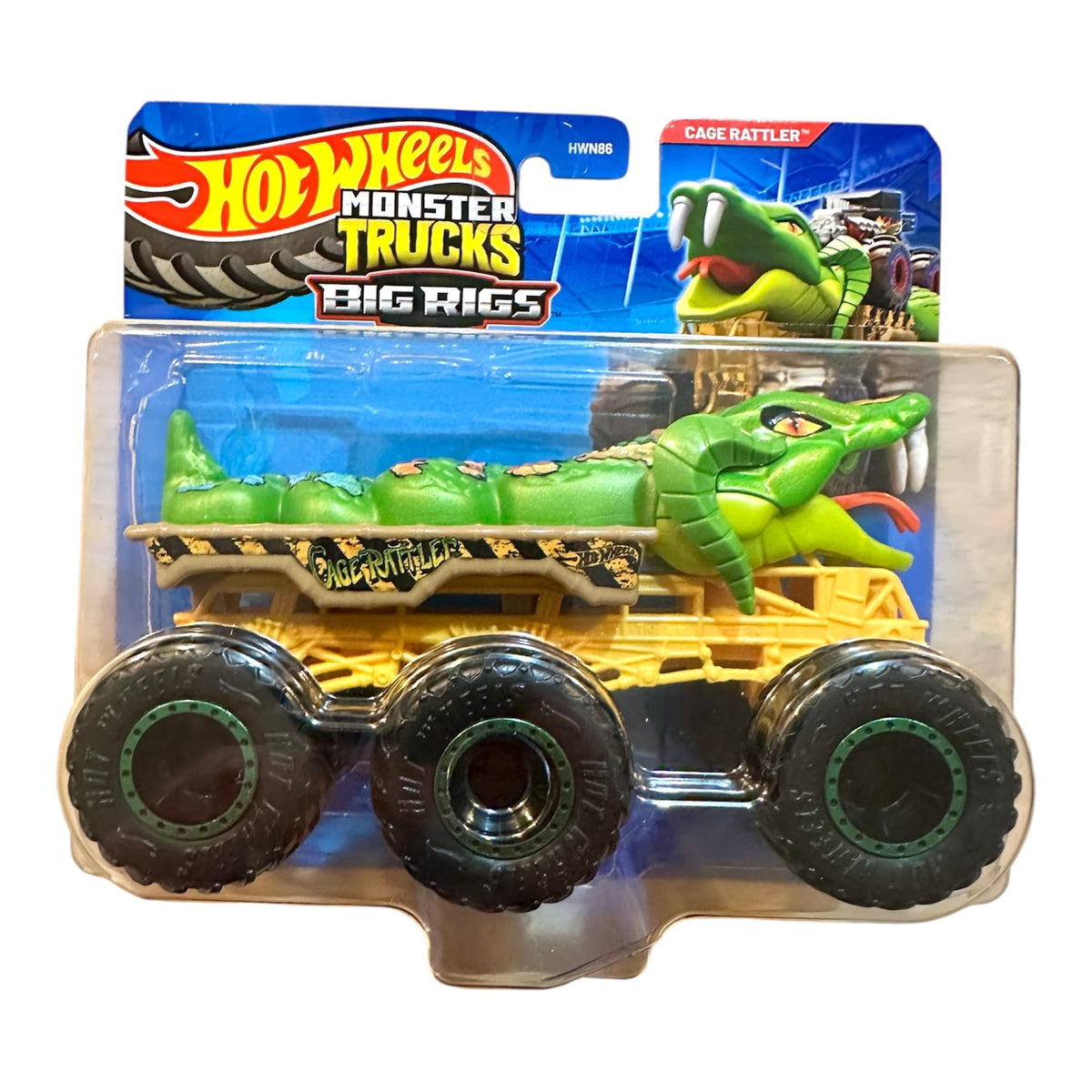 Hot Wheels Cage Rattler Big Rigs trailer truck with six rugged wheels for play and display.