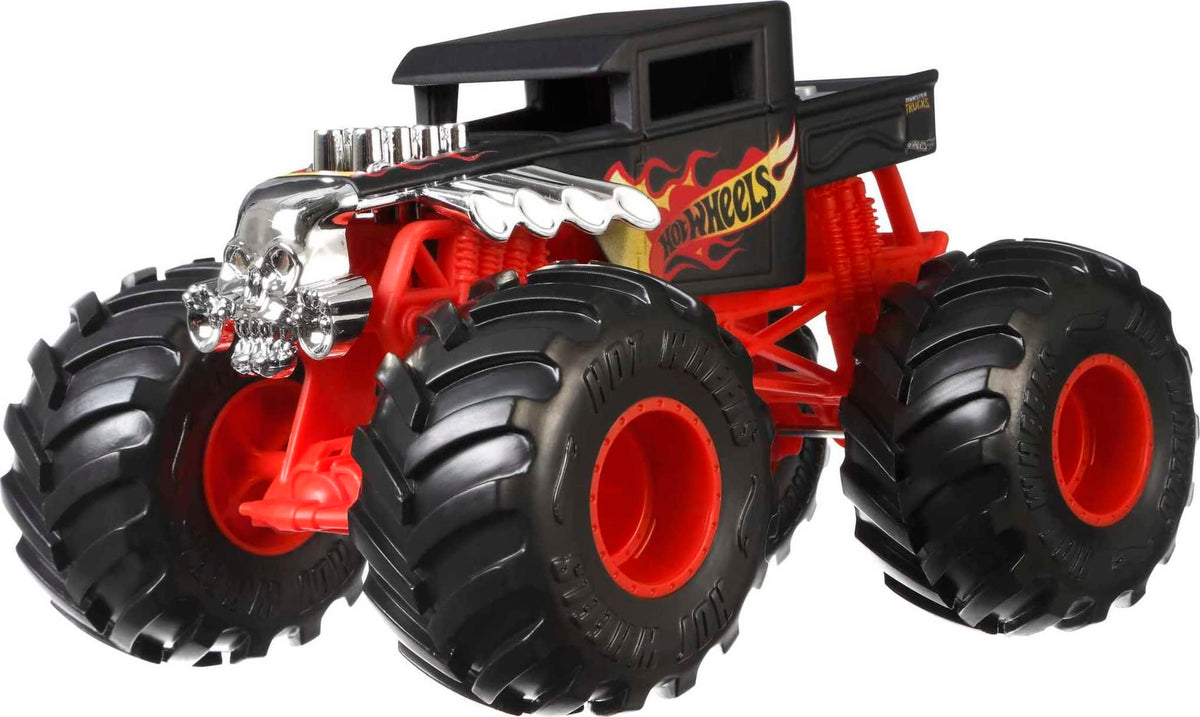 Hot Wheels Bone Shaker back-stats provide character context.