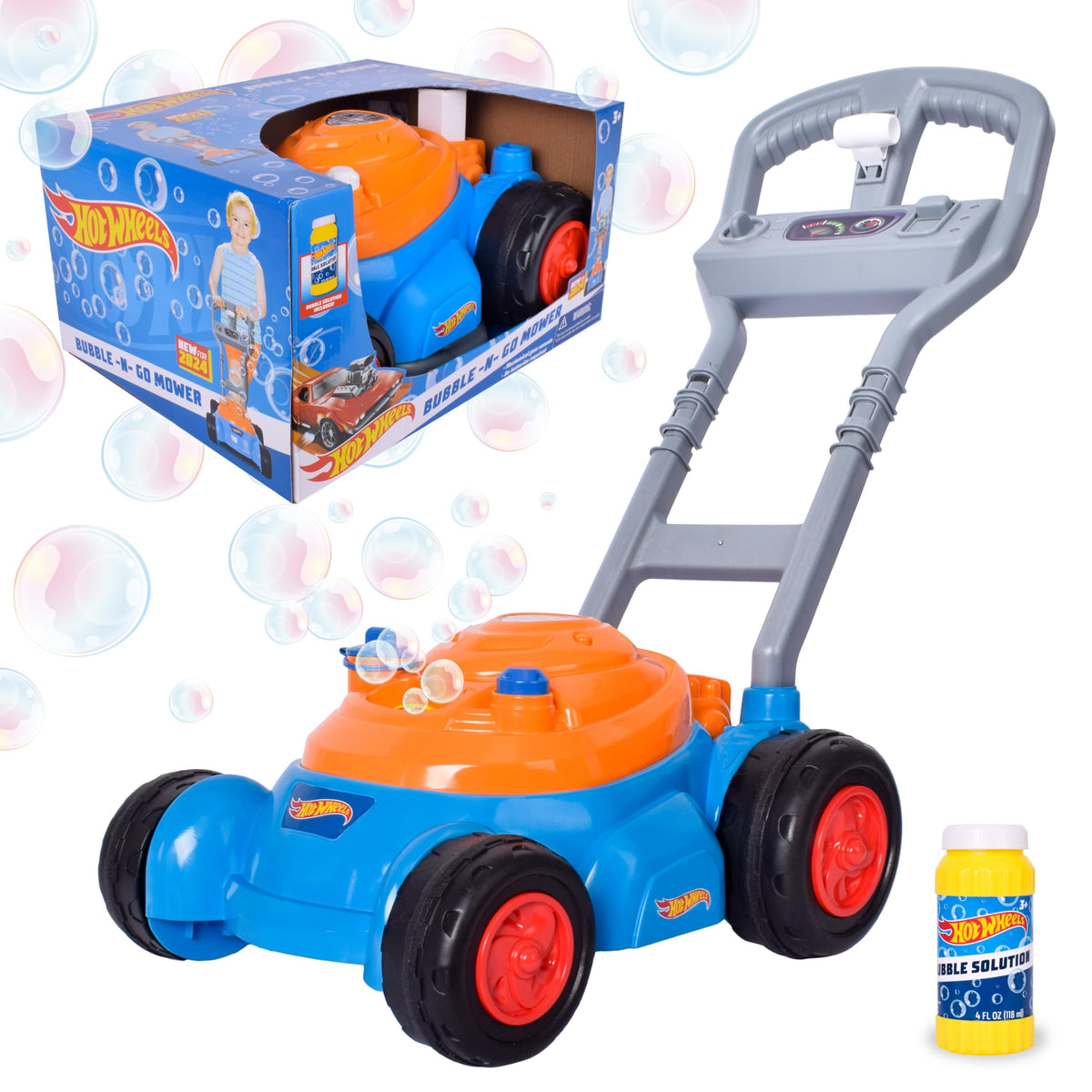 Hot Wheels Bubble Lawn Mower front view promotes outdoor play with bubbles.