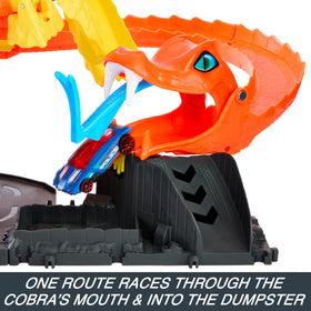 Hot Wheels City car races into cobra mouth and dramatic exit for action storytelling.