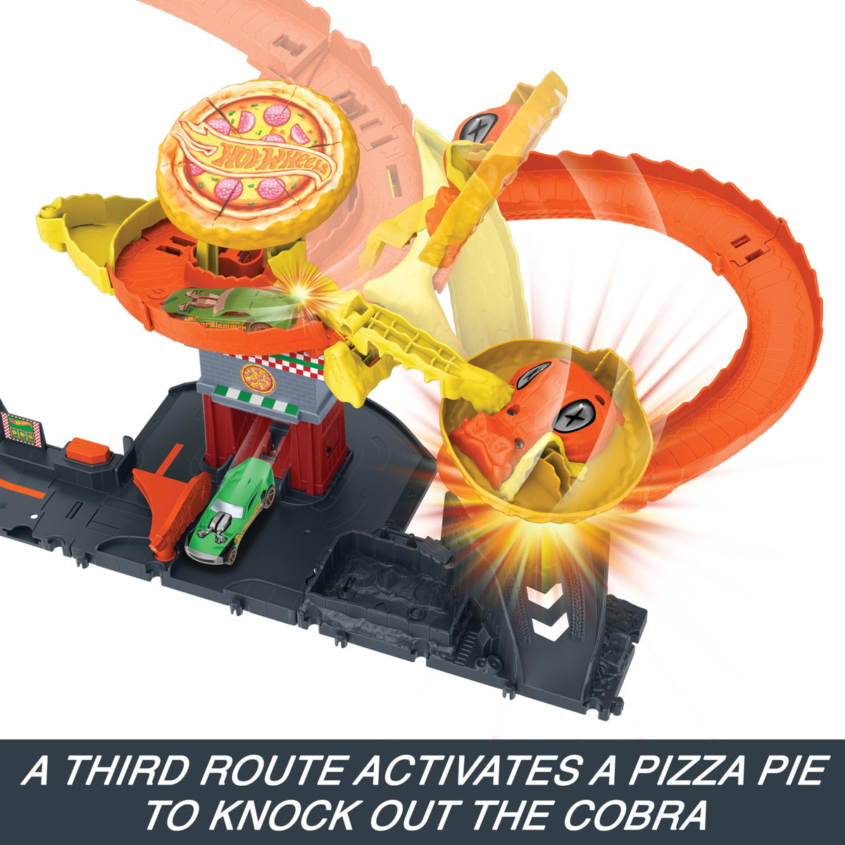 Hot Wheels City pizza pie impact path showing playful antics.