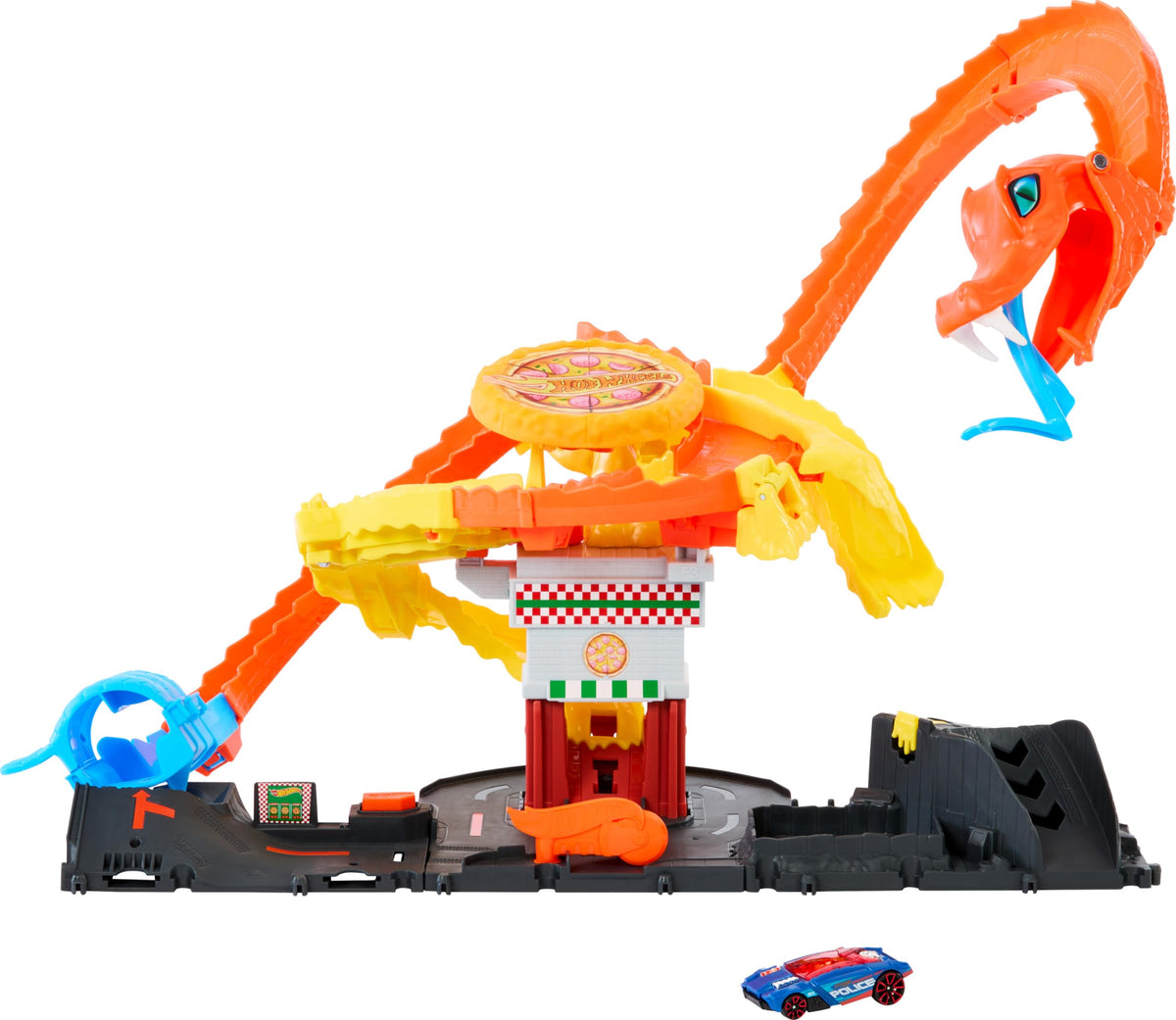 Hot Wheels City Pizza Slam Cobra Attack track with cobra guarding the pizza shop for dramatic play.