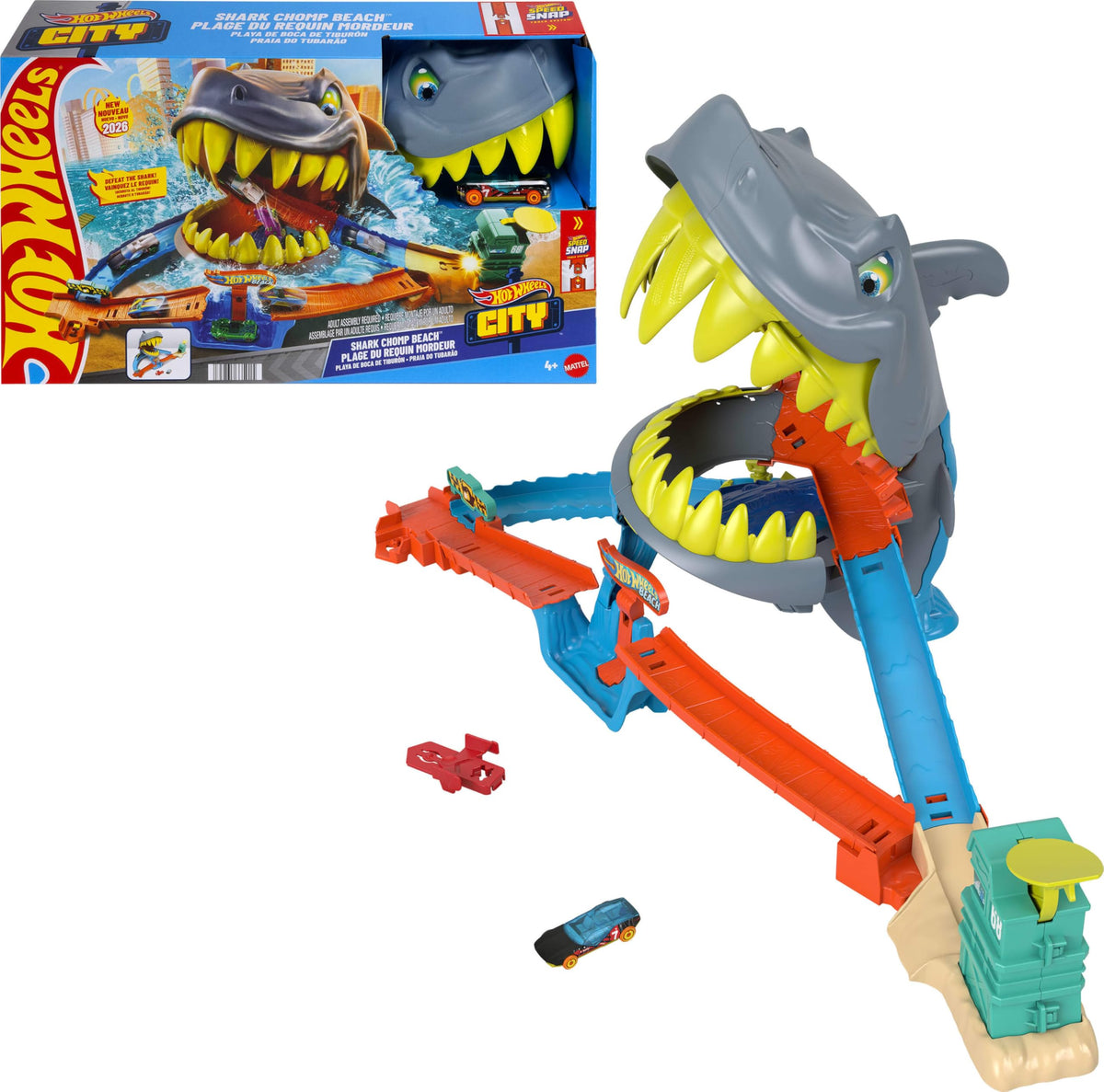 Hot Wheels City Shark Chomp Beach playset with dual paths for action.