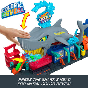 Hot Wheels shark head press-action highlighting color-change reveal and interactive fun.