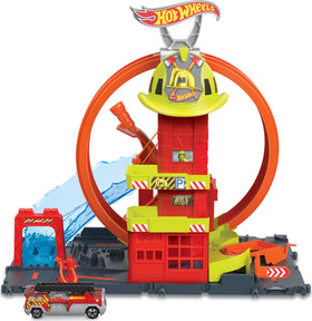 Hot Wheels City Super Loop Fire Station, left-angle view showing multilevel action for imaginative play