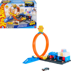 Hot Wheels City Super Police Station playset with multi-path layout for imaginative racing.