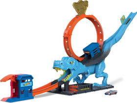Hot Wheels City track set giant loop with dino challenge for imaginative play