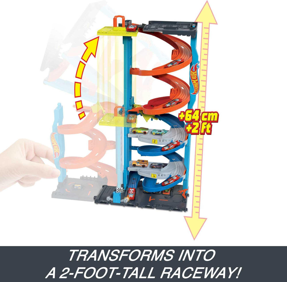 Hot Wheels City Transforming Race Tower stands 26 inches tall for dramatic launches.