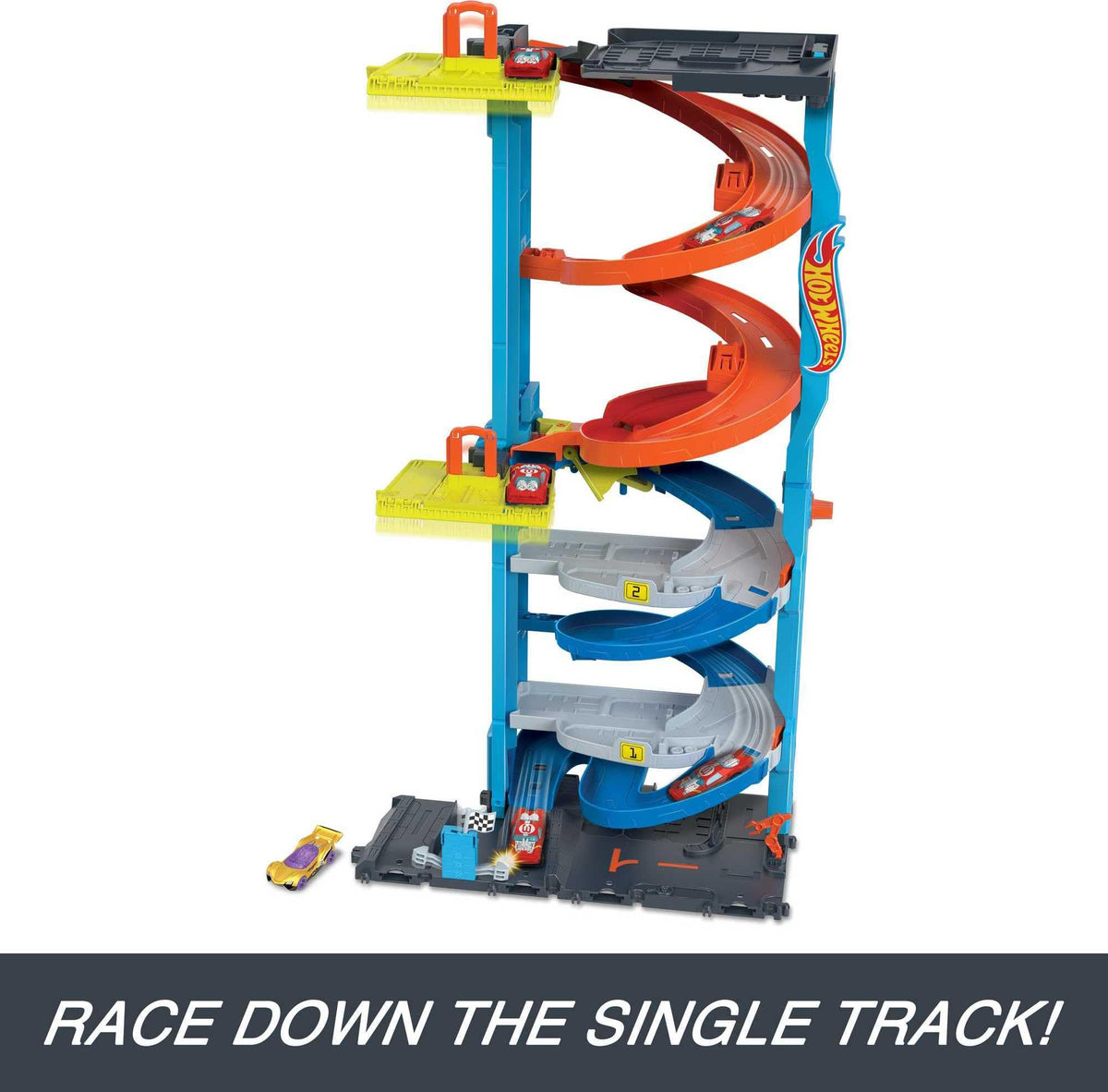 Hot Wheels City Transforming Race Tower includes one car for immediate action.