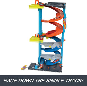 Hot Wheels City Transforming Race Tower includes one car for immediate action.