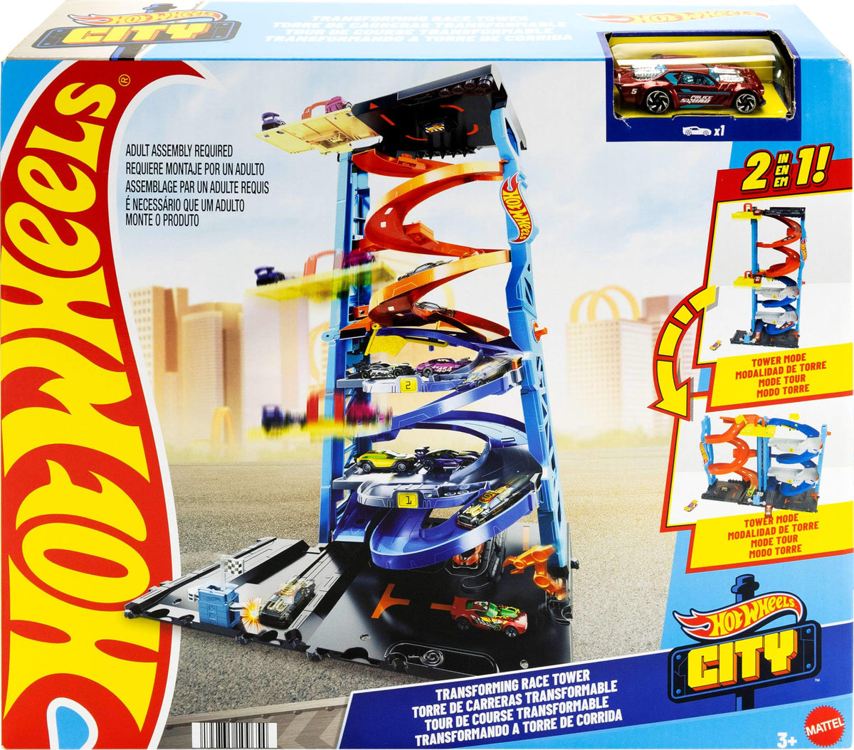 Hot Wheels City Transforming Race Tower compatibility with other sets extends play and racing adventures.