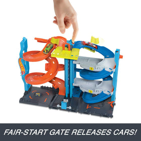Hot Wheels City Transforming Race Tower track twists for high-adrenaline racing.