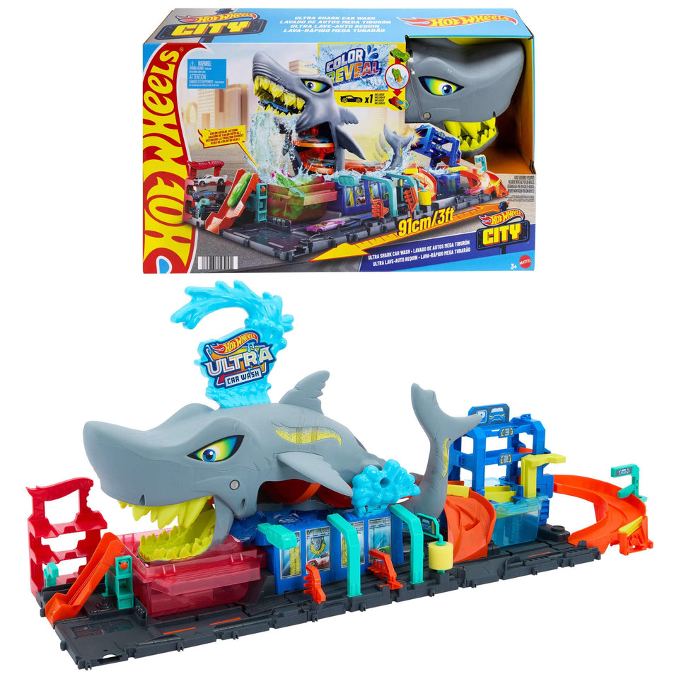 Hot Wheels City Ultra Shark Car Wash front view for immersive racing play.