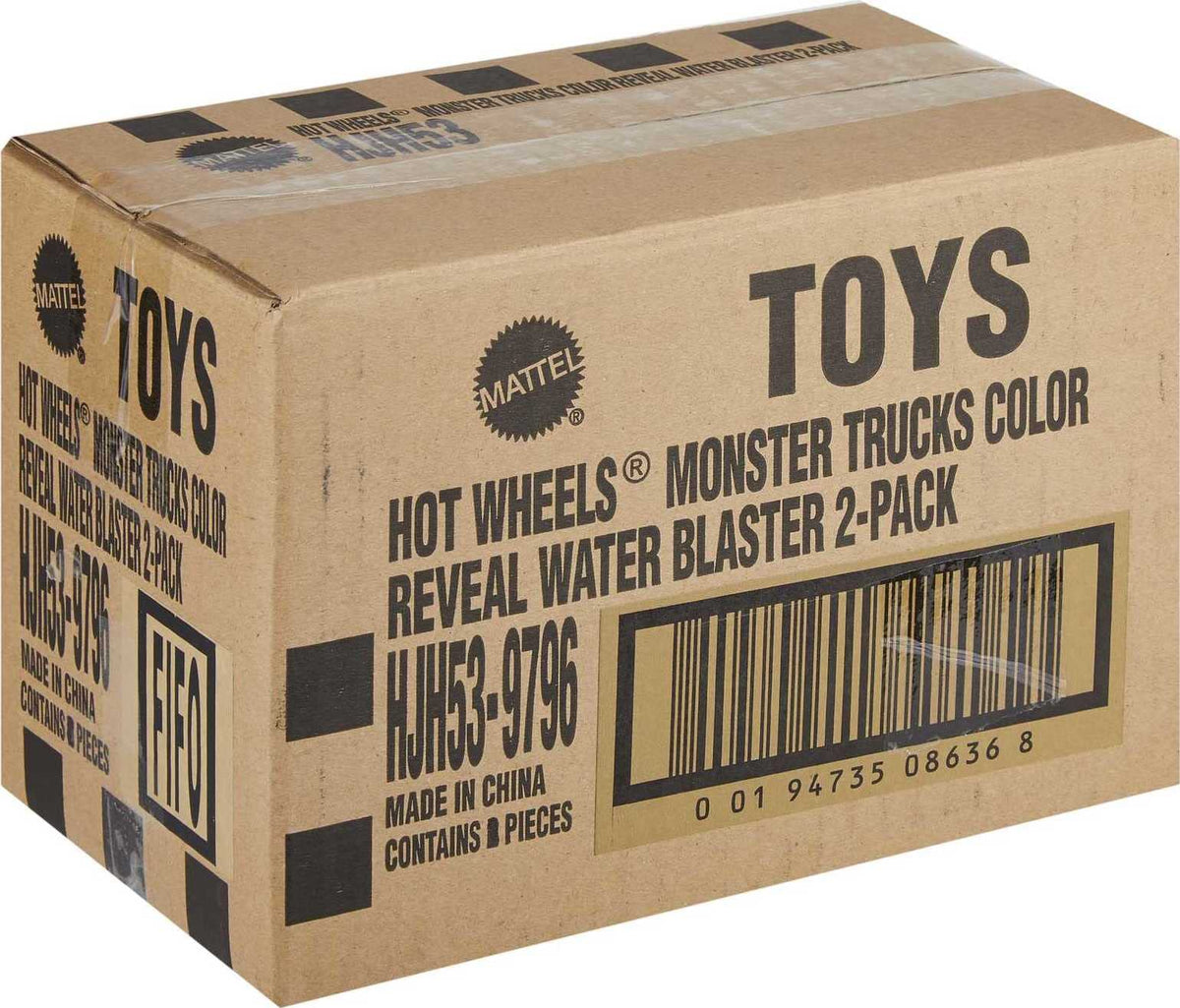Hot Wheels Color Reveal Monster Trucks packaging includes two trucks and tank