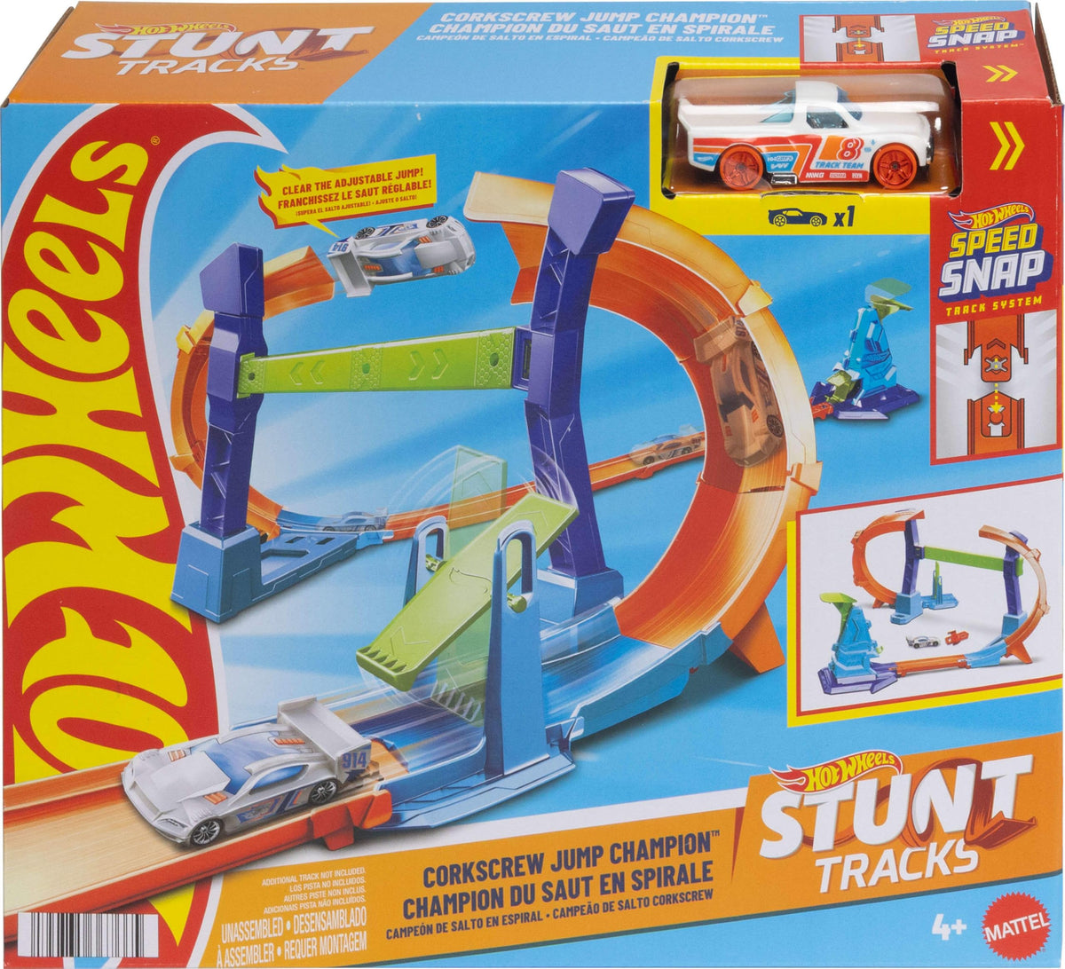 Hot Wheels corkscrew loop track offers exciting mid-race jumps and easy Speed Snap assembly.