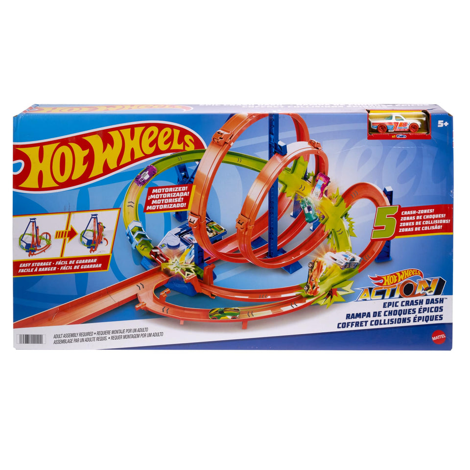 Hot Wheels Epic Crash Dash box front with vibrant artwork for excitement.