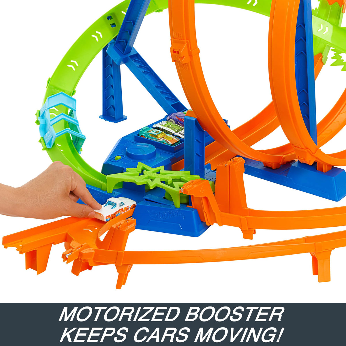 Hot Wheels Epic Crash Dash motorized booster powers continuous racing action.