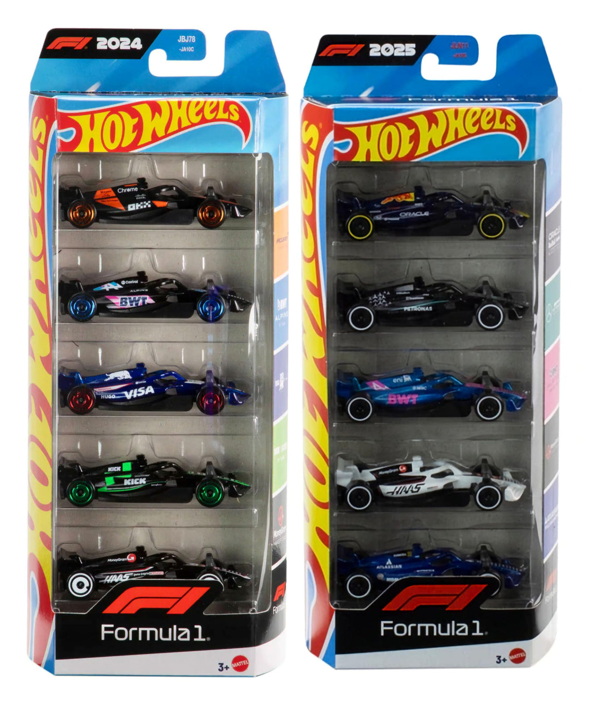 Hot Wheels F1 2025 pack front view, ideal for shelf display.