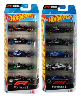 Hot Wheels F1 2025 pack front view, ideal for shelf display.