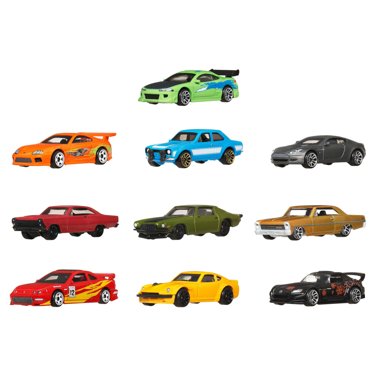 Hot Wheels Fast & Furious 1:64 ten-pack front view showcases gleaming die-cast trucks ready for display.