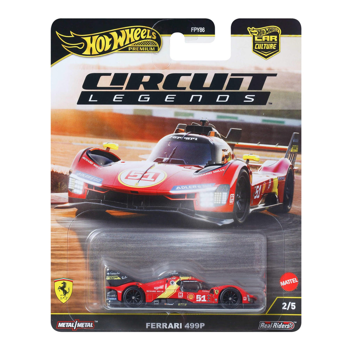 Hot Wheels Ferrari 499P front-angle view showing authentic livery and Real Riders tires.