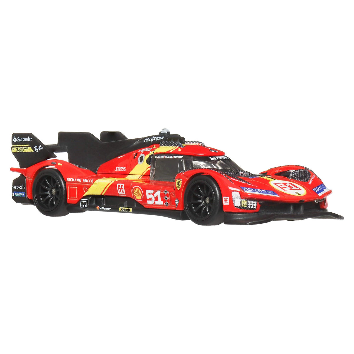 Hot Wheels Ferrari 499P rear-view with detailed spoiler and authentic racing deco.