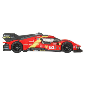 Hot Wheels Ferrari 499P top-down image showcasing compact 1:64 scale for display.