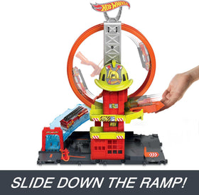 Hot Wheels fire station hinged garage door for realistic car access