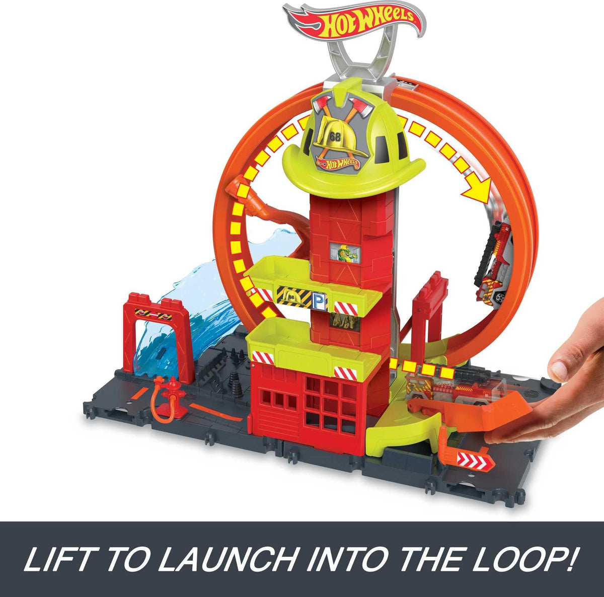 Hot Wheels fire-truck lift action entering the elevated track