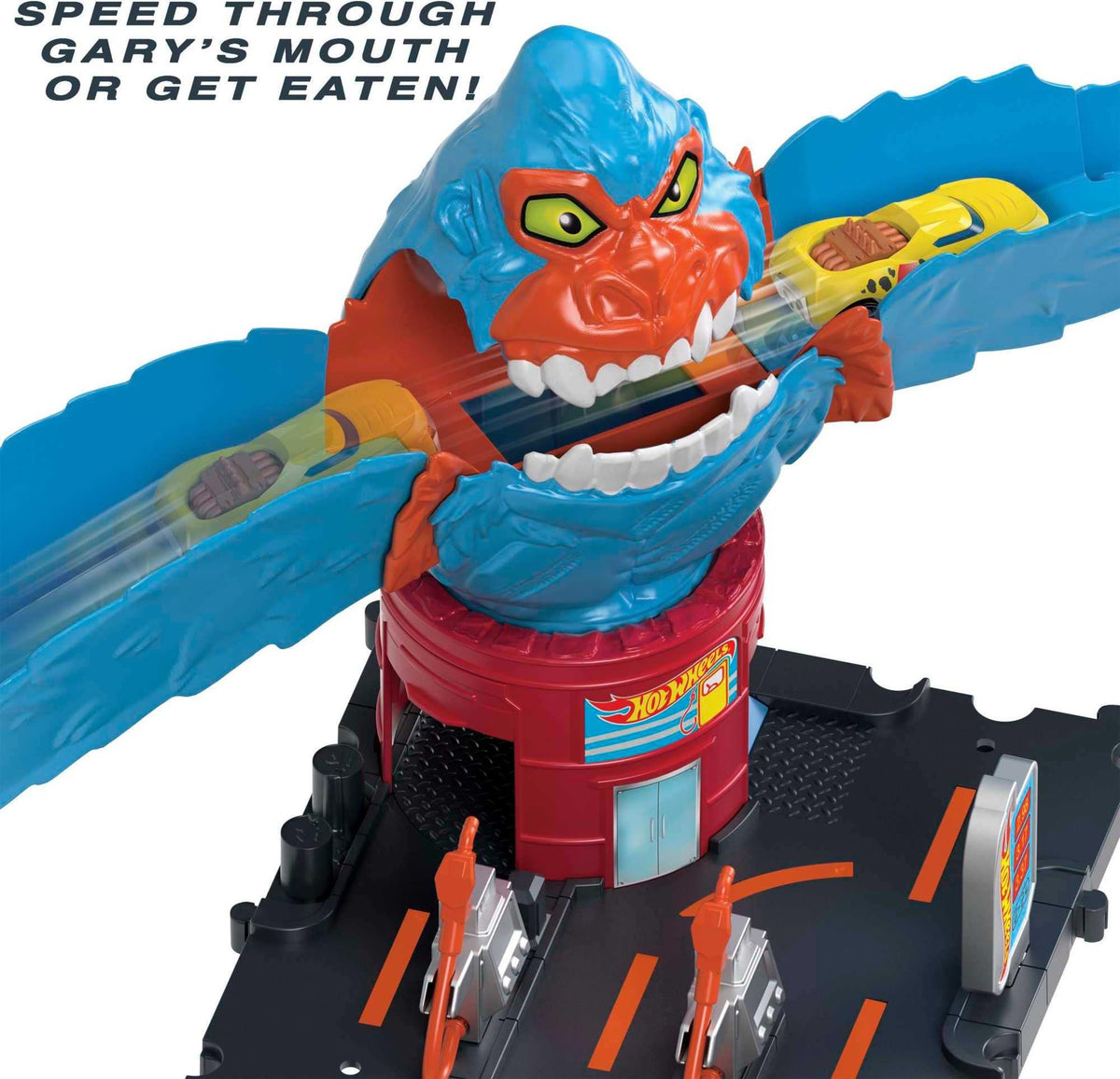 Hot Wheels City Wreck & Ride Gorilla Attack gas station pumps with moveable hoses.