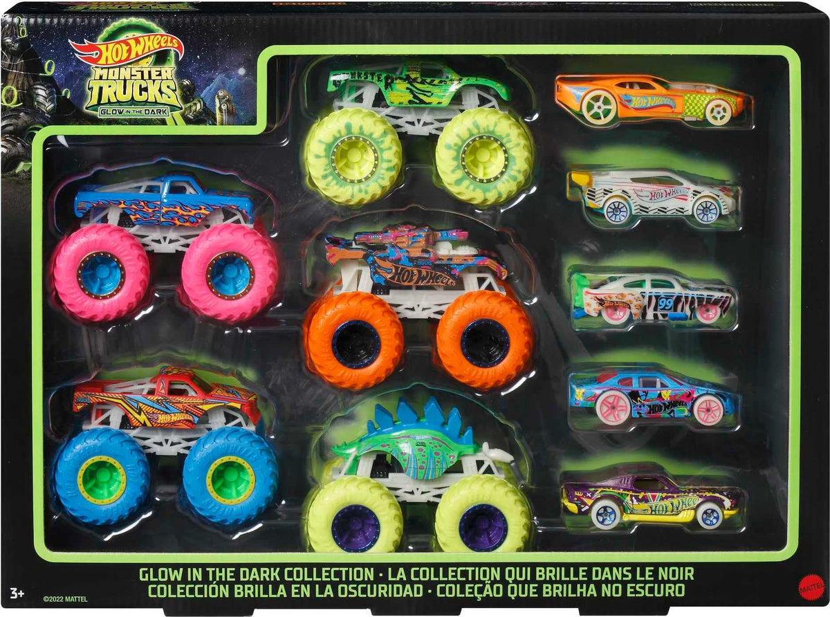 Hot Wheels glow-trucks 10-pack shines with glow-in-the-dark action for dramatic play.
