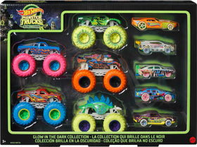 Hot Wheels glow-trucks 10-pack shines with glow-in-the-dark action for dramatic play.