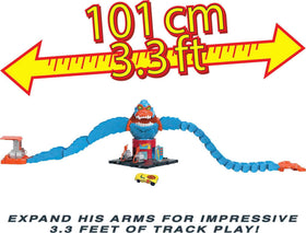 Hot Wheels City Wreck & Ride Gorilla Attack launcher sends cars through the gorilla's mouth.