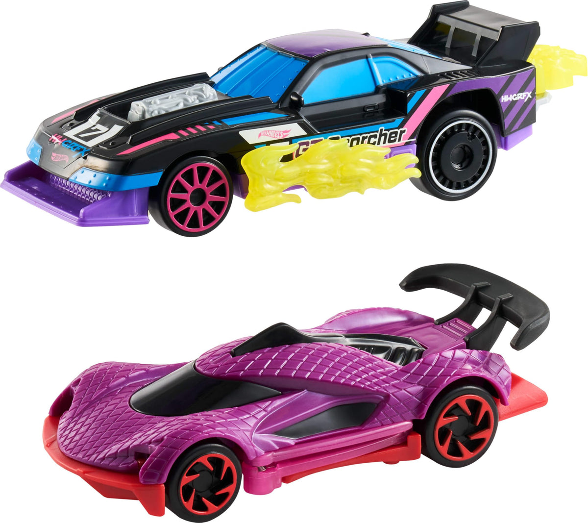 Hot Wheels Lets Race Activate GT-Scorcher rear flames heat up race visuals.