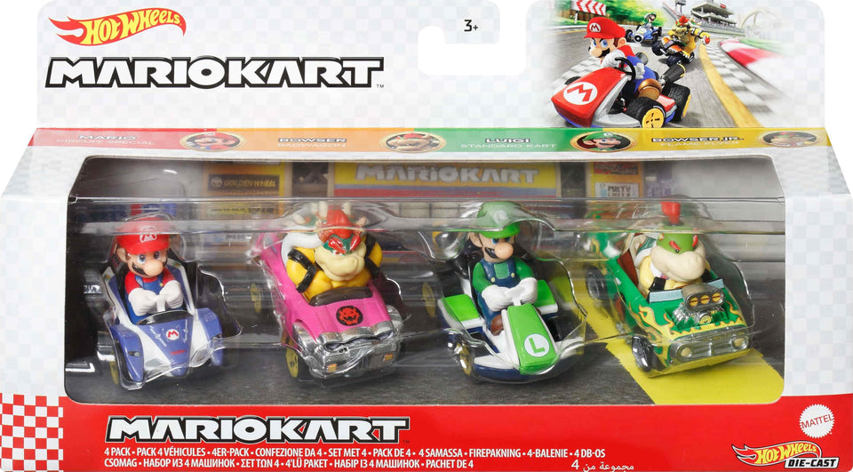 Hot Wheels Mario Kart 4-Pack exclusive model included, ideal for collectors.