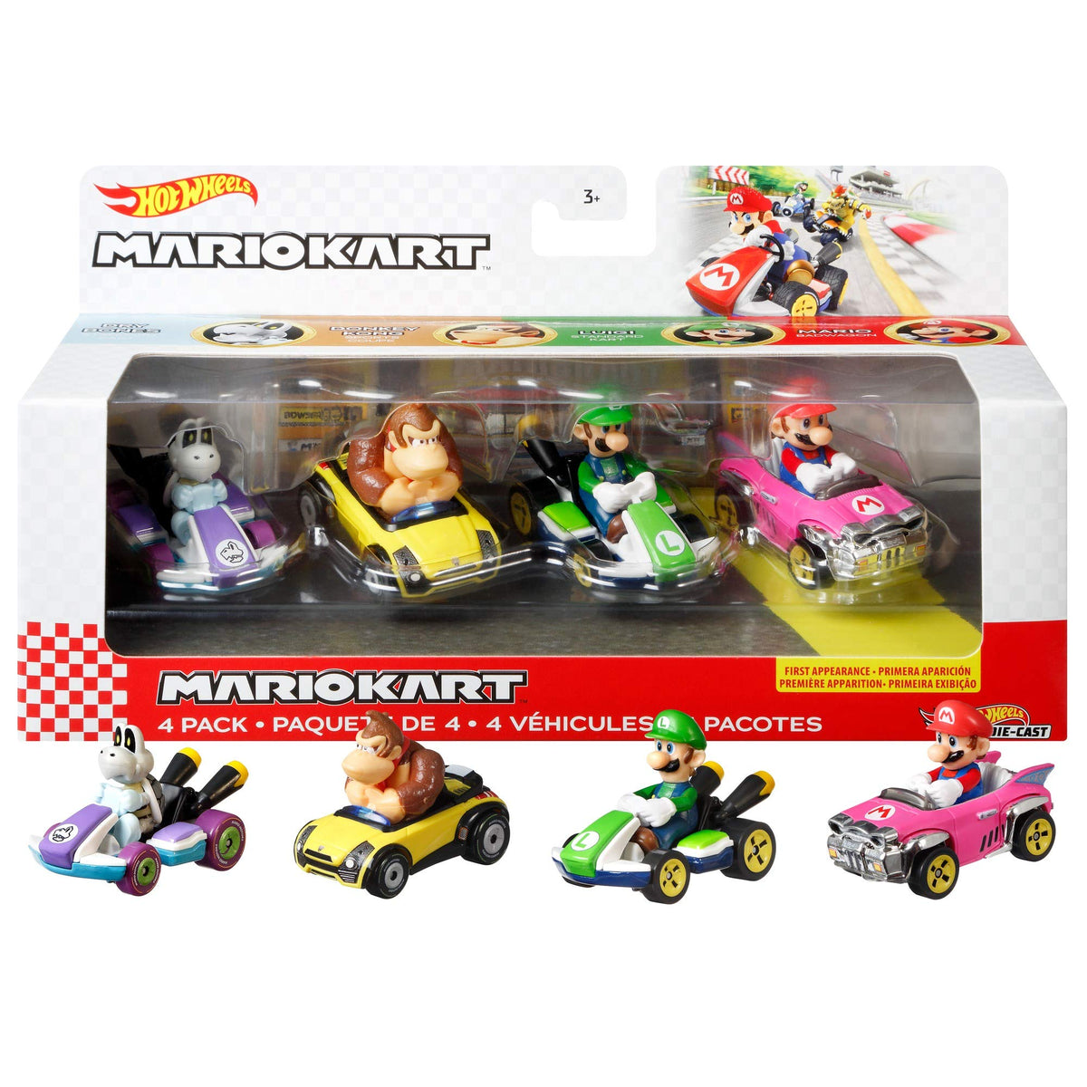 Hot Wheels Mario Kart 4-pack featuring character karts for fast, imaginative racing.