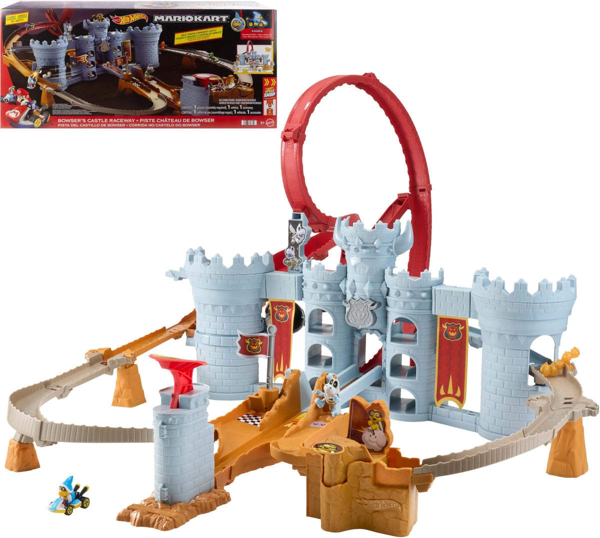 Hot Wheels Mario Kart Bowser’s Castle track set offers engaging racing fun.